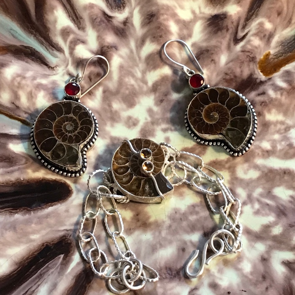BEAUTIFUL AMMONITE NATURAL FOSSIL STERLING SILVER HANDMADE BRACELET & EARRINGS